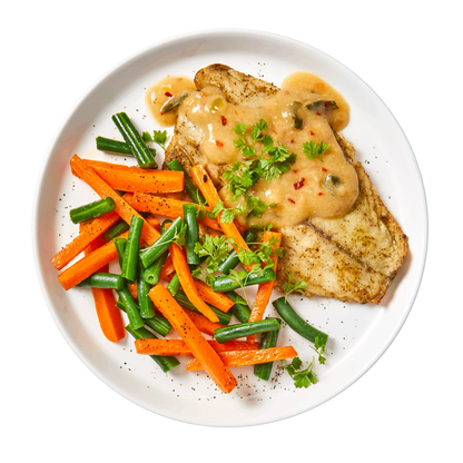 Barramundi with Miso Butter Sauce and Seasonal Greens