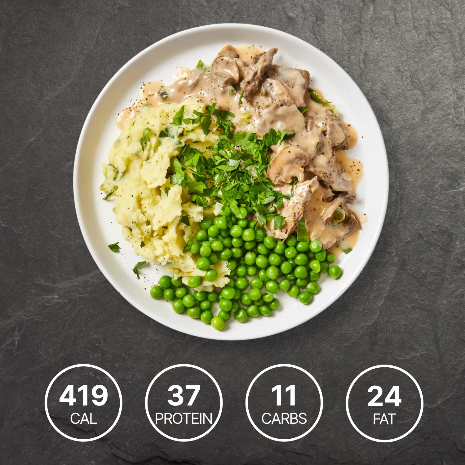 Beef Stroganoff with Low Carb Mash and Peas